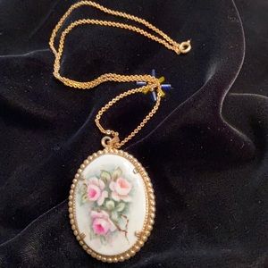 Hand painted pendant on gold metal chain Vintage